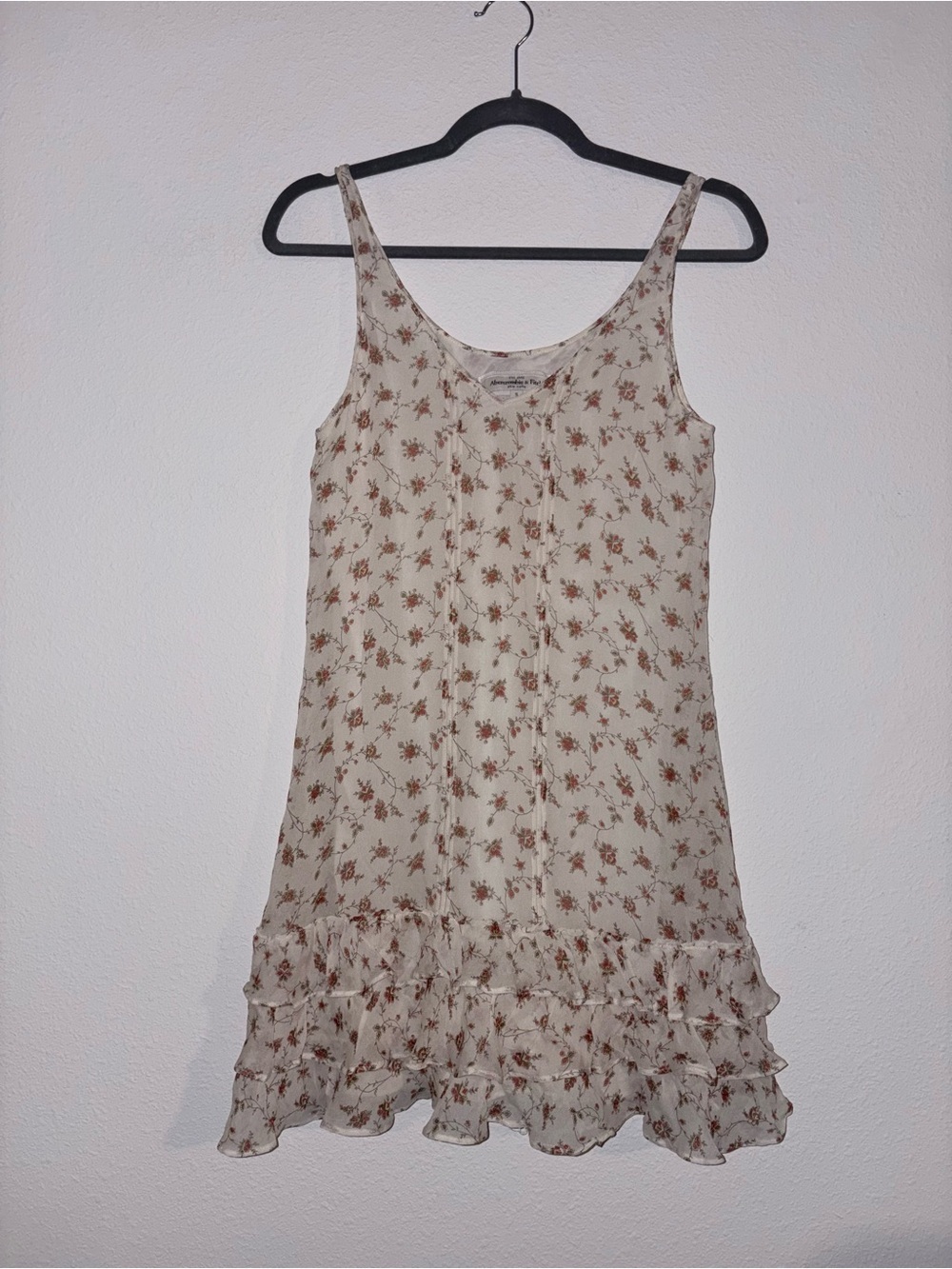 Abercrombie & Fitch Cream Silk Floral Ruffle-Hem Mini Dress